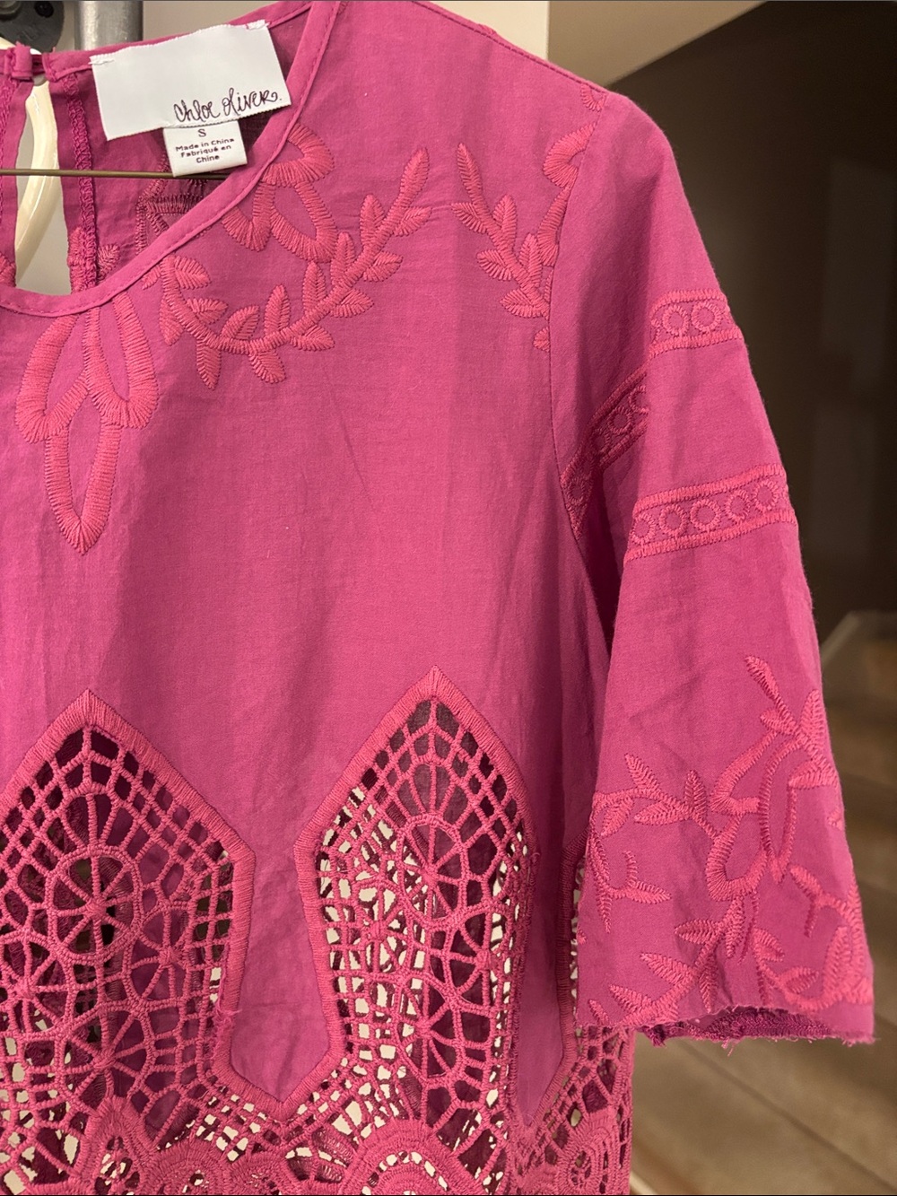 Anthropologie Chloe Oliver Pink Embroidered Crochet Lace Top S Modified Sleeve - Picture 4 of 9